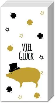 10 Taschentücher Glück Goldenes Glücksschwein mit Zylinder und Kleeblättern