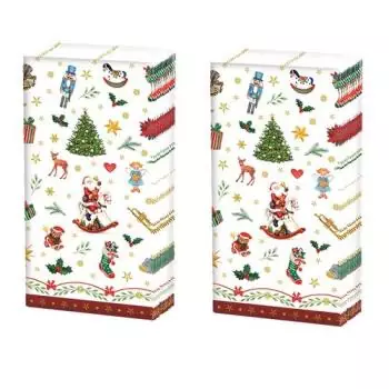 10 Taschentücher Weihnachten, Kleine Weihnachtssymbole Baum, Schaukelpferd, Geschenke rot. 1 Packung
