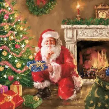 20 Servietten Santa am Abend Weihnachtsmann vor dem Kamin 33cm