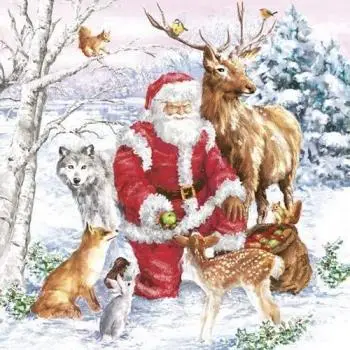 20 Servietten Weihnachtsmann füttert die Tiere als Tischdeko für den Winter und Weihnachten 33cm
