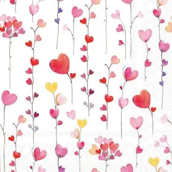 20 Design-Papierservietten "Verliebte Herz-Blüten" – Aquarell-Stil, 33x33cm