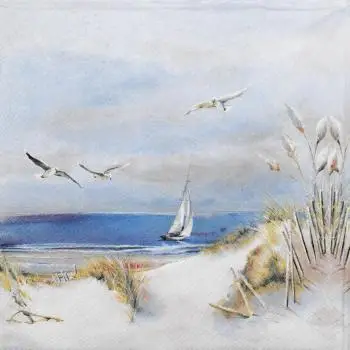 20 Design-Servietten „Meeresbrise“ – Maritimes Aquarell mit Segelschiff & Dünen – 33x33 cm