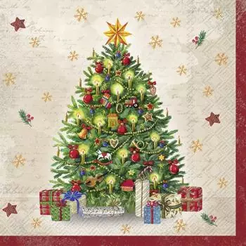 20 Servietten bunter geschmückter Christbaum mit Geschenken zu Weihnachten in creme 33cm als Tischdeko