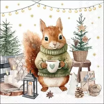 20 Napkins Squirrel in Winter with Tea and Gifts for Christmas 33cm as Table Decoration