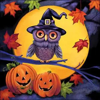 20 Servietten Halloween – Eule mit Hexenhut & fröhliche Kürbisse | Tischdeko