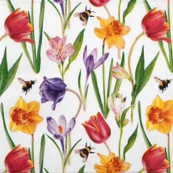 20 Servietten Frühling – Tulpen, Narzissen, Fresien & Bienen | Tischdeko 33x33 cm