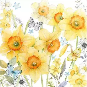 20 Servietten gelbe Narzissen und Schmetterlinge im Frühling 33cm als Tischdeko