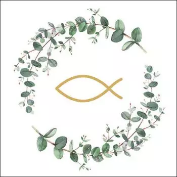 20 napkins golden fish in eucalyptus wreath for baptism, communion and confirmation as table decoration 33cm
