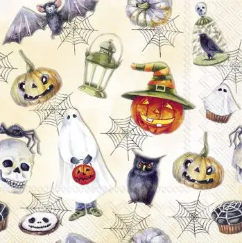 20 Servietten Halloween mit Figuren, Kürbis, Geistern und Hexenhut – gruselige Tischdeko