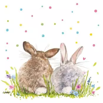 20 napkins of a pair of rabbits in the grass on a spring meadow with colorful dots as a table decoration 33cm