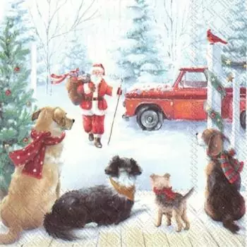 20 Servietten Hunde erwarten den Weihnachtsmann, Tiere im Winter zu Weihnachten als Tischdeko 33cm