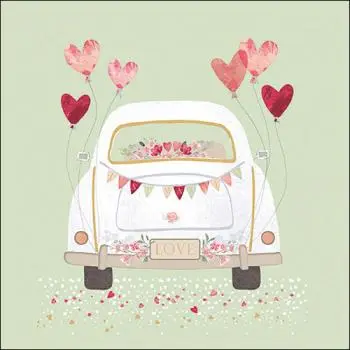 20 Servietten „Just Married“ – Hochzeitsauto mit Herz-Luftballons | Hochzeitsdeko