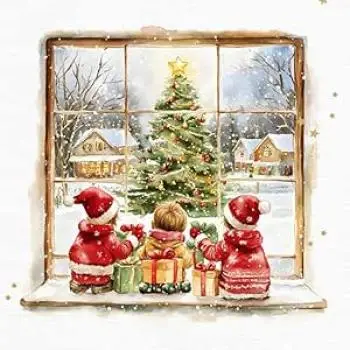 20 Servietten „Kinder mit Geschenken vor leuchtendem Weihnachtsbaum“.