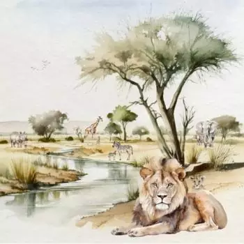 20 Servietten Löwe Giraffe Nashorn und Zebra am Wasserloch auf Safari 33cm als Tischdeko