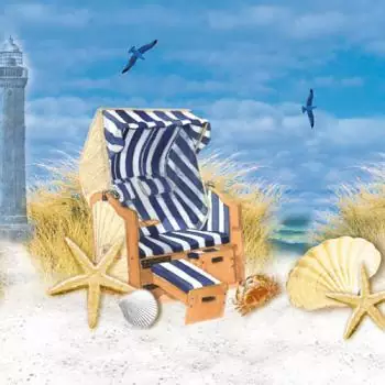 20 maritime napkins by the sea with a beach chair in the dune, shells and starfish 33cm as table decorations