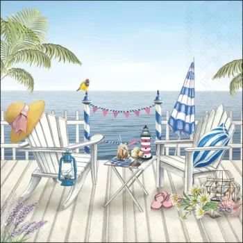 20 Servietten Maritim Terrasse zum Meer mit Tisch, Stuhl und Sonnenschirm als Tischdeko 33cm
