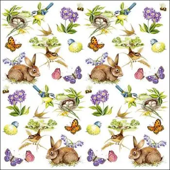 20 Servietten Oster‑ & Frühlingsmotiv – Hase mit Schmetterling & Meise, 33 cm | Tischdeko