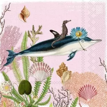 20 Servietten Seepferdchen mit Delphin und Muscheln | Meer | Maritim | Tiere | Decoupage | Serviettentechnik als Tischdeko 33cm