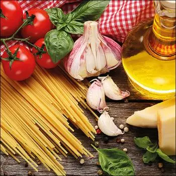 20 Servietten „Spaghetti, Knoblauch und Tomaten“ – Italienisches Flair | Tischdeko