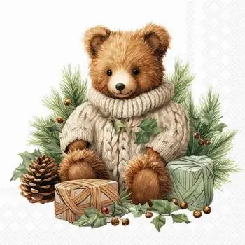 20 Servietten Teddybär mit Geschenken wartet auf Weihnachten