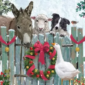 20 napkins animals at the fence on the farm for Christmas with Christmas wreath 33cm