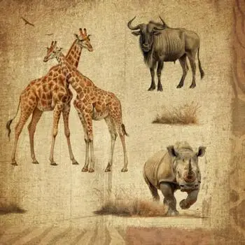20 Servietten Tiere aus Afrika, Giraffen, Gnu, Nashorn, Löwe und Elefant in der Savanne