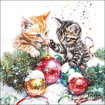 20 Servietten Katzen mit Weihnachtskugeln im Schnee 33 cm