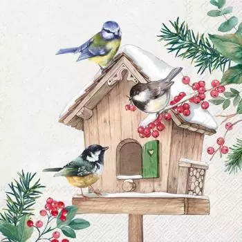 20 Servietten Vögel im Winter am Vogelhaus mit Beeren als Tischdeko 33cm