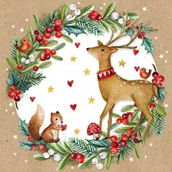 20 Servietten Weihnachten Hirsch und Eichhörnchen im Weihnachtskranz als Tischdeko 33cm