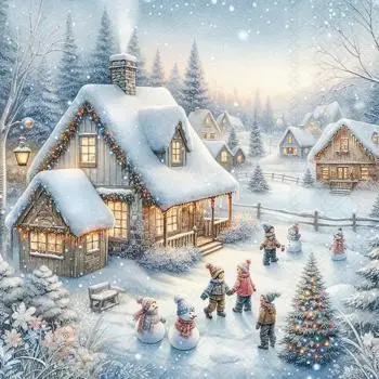 20 Servietten – Weihnachten im verschneiten Dorf mit Kindern am Schneemann