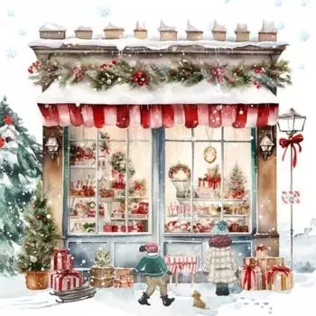 20 napkins Christmas children in front of the shop with gifts 33cm