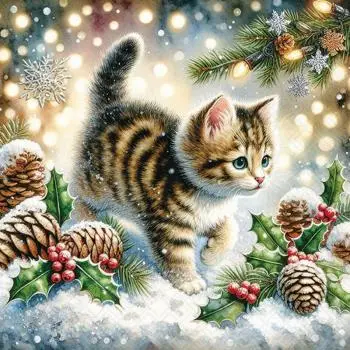 20 Servietten – Kleine Katze im Winter mit Zapfen & Stechpalme | Weihnachten