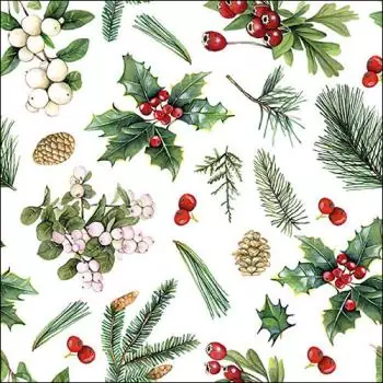20 Christmas napkins, holly branches, cones and berries 33cm as table decorations