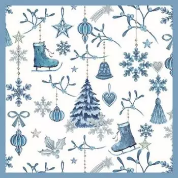 20 Servietten Winter in blau mit Schlittschuh, Kugeln und Weihnachtsbaum 33cm