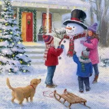 20 Servietten Winter, Kinder bauen mit Spaß einen Schneemann am Haus als Tischdeko 33cm