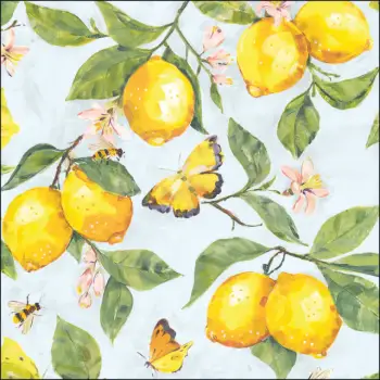 20 Servietten Zitronen am Baum & bunte Schmetterlinge | Sommerliche Tischdeko