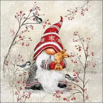 20 Napkins Dwarf Gnome Tomte in Winter in the Snow with Animals 33cm as Table Decoration