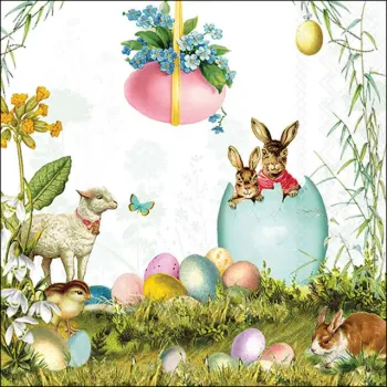 20er Pack Premium Papierservietten „Nostalgische Ostern“ – 33x33cm – Motivservietten mit Hasen, Lamm & bunten Eiern für die Ostertafel