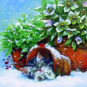 20 Servietten Katze im Blumentopf Weihnachtsstern Tiere Winter Weihnachten 33cm