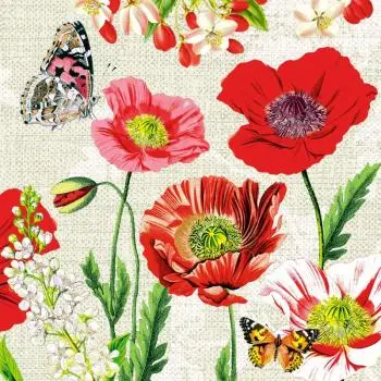 20 Servietten Schmetterlinge an Mohnblumen Blumen Mohn Vintage 33cm