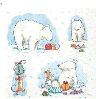20 Lunch Servietten Eisbären und Maus mit Geschenken im Winter 33cm