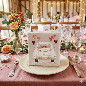 20er Set Motivservietten "Just Married" – Romantisches Hochzeitsauto mit Herz-Ballons & Blumen – 33x33 cm