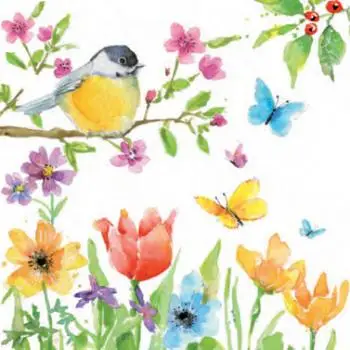 20 Servietten Frühling Sommer | Vogel Blaumeise Blumen als Tischdeko 33cm