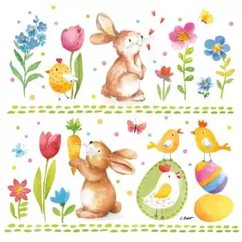 20 napkins rabbits and chicks for Easter in the colorful flower meadow as a table decoration 33cm