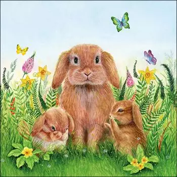 20 napkins rabbit family in spring is waiting for Easter in the flower field 33cm as a table decoration