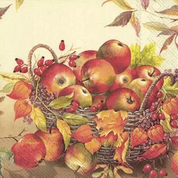 20 Servietten Herbst bunte Äpfel im Korb, Apfel am Stiel 33cm