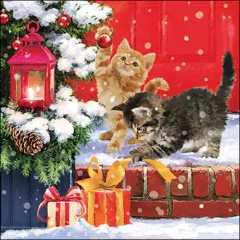 20 Servietten Katzen zu Weihnachten mit Geschenken im Winter im Schnee als Tischdeko 33cm