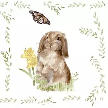 20 Servietten Ostern Hase in der Wiese mit Blumen und Schlappohr 33cm als Tischdeko