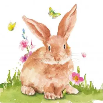 20 napkins Easter bunnies with flowers and butterflies on meadow watercolor 33cm