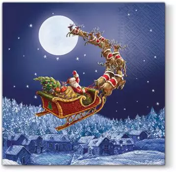 20 Servietten Santa Weihnachtsmann mit Schlitten und Rentieren am Nachthimmel als Tischdeko 33cm